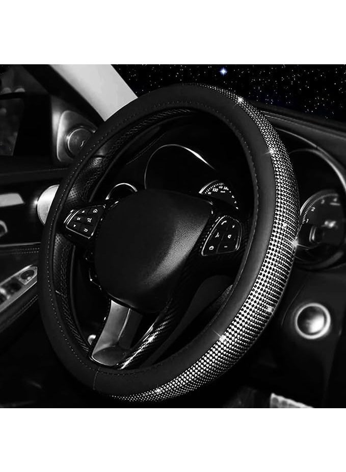 غطاء عجلة القيادة من الجلد الماسي الجديد مع احجار الراين الكريستالية اللامعة، مقاس عالمي 15 انش، واقي عجلة السيارة للنساء والفتيات، اسود - - Image 3
