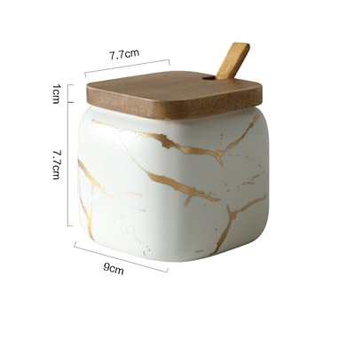 JFFLYIT 2 Sets of Marble Ceramic Sugar Bowl Ceramic Seasoning Jars with Wooden Lid and Wooden Spoon(White) - Image 3