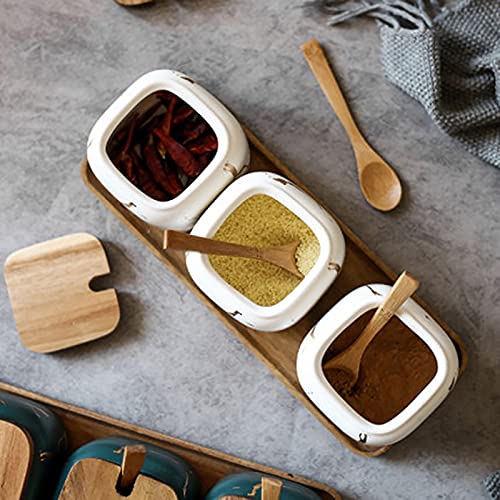 JFFLYIT 2 Sets of Marble Ceramic Sugar Bowl Ceramic Seasoning Jars with Wooden Lid and Wooden Spoon(White) - Image 5