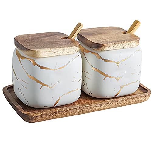 JFFLYIT 2 Sets of Marble Ceramic Sugar Bowl Ceramic Seasoning Jars with Wooden Lid and Wooden Spoon(White) - Image 1