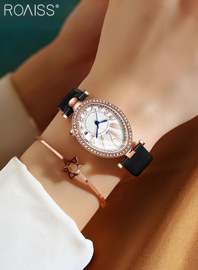 رويس ساعة كوارتز بسوار جلدي للنساء، ساعة بقرص بيضاوي مع زخرفة حجر الراين وشريط أسود، ساعة يد أنيقة مقاومة للماء كهدية للسيدات - Image 2