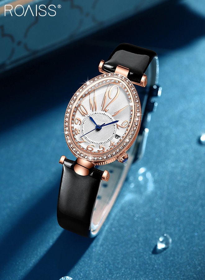رويس ساعة كوارتز بسوار جلدي للنساء، ساعة بقرص بيضاوي مع زخرفة حجر الراين وشريط أسود، ساعة يد أنيقة مقاومة للماء كهدية للسيدات - Image 3