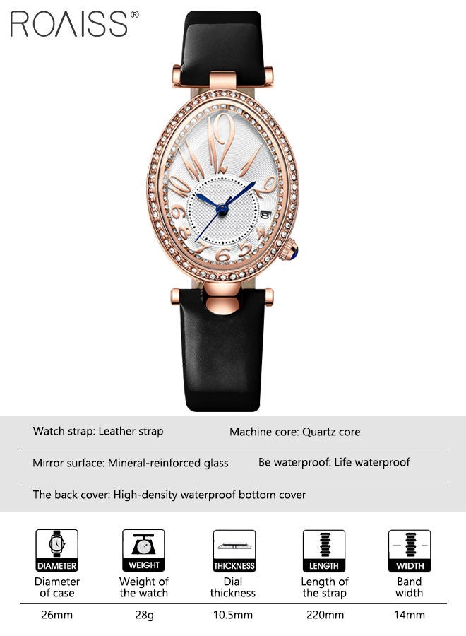 رويس ساعة كوارتز بسوار جلدي للنساء، ساعة بقرص بيضاوي مع زخرفة حجر الراين وشريط أسود، ساعة يد أنيقة مقاومة للماء كهدية للسيدات - Image 4