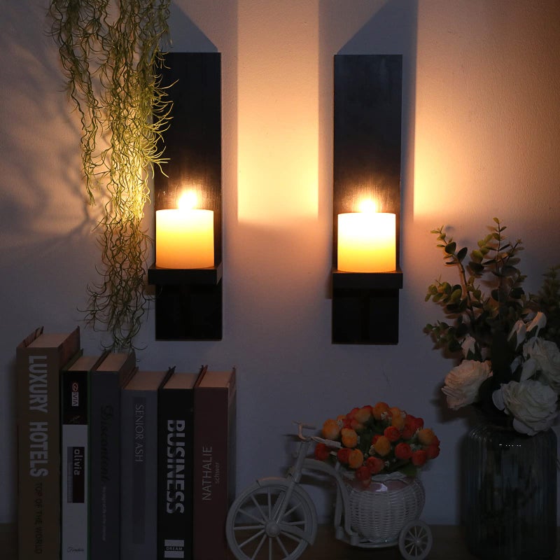 OwnMy Set of 2 Wooden Wall Candle Sconces Rustic Wall Mount Wooden Pillar Candle Sconces, Black Farmhouse Wall Candle Sconce Vintage Hanging Candle Holders Decor for Living Room - Image 2