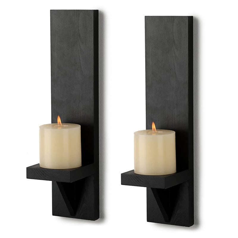 OwnMy Set of 2 Wooden Wall Candle Sconces Rustic Wall Mount Wooden Pillar Candle Sconces, Black Farmhouse Wall Candle Sconce Vintage Hanging Candle Holders Decor for Living Room - Image 1