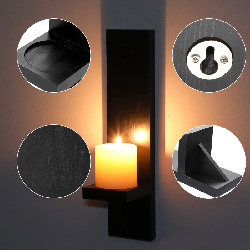 OwnMy Set of 2 Wooden Wall Candle Sconces Rustic Wall Mount Wooden Pillar Candle Sconces, Black Farmhouse Wall Candle Sconce Vintage Hanging Candle Holders Decor for Living Room - Image 4