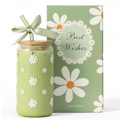 KMCCUMBER Cute Glass Matcha Cup with Lids and Straws, Teen Girl Birthday Gifts Daisy Iced Coffee Cups, Sage Green Aesthetic Mug Tumbler for Mothers Day Christmas Valentines Coffee Lover 16oz - Image 1