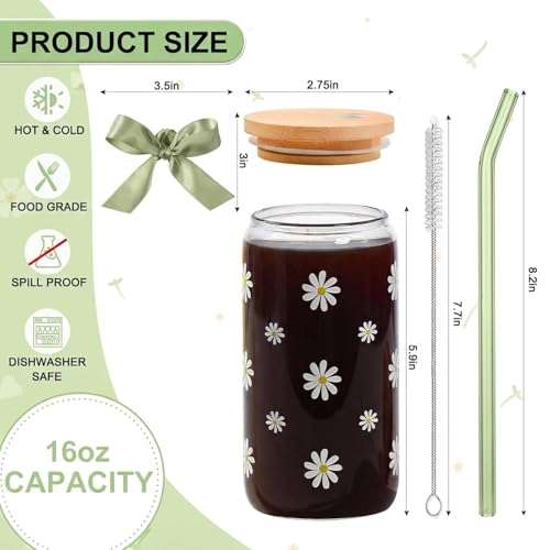 KMCCUMBER Cute Glass Matcha Cup with Lids and Straws, Teen Girl Birthday Gifts Daisy Iced Coffee Cups, Sage Green Aesthetic Mug Tumbler for Mothers Day Christmas Valentines Coffee Lover 16oz - Image 5