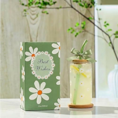 KMCCUMBER Cute Glass Matcha Cup with Lids and Straws, Teen Girl Birthday Gifts Daisy Iced Coffee Cups, Sage Green Aesthetic Mug Tumbler for Mothers Day Christmas Valentines Coffee Lover 16oz - Image 2