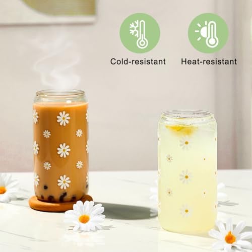 KMCCUMBER Cute Glass Matcha Cup with Lids and Straws, Teen Girl Birthday Gifts Daisy Iced Coffee Cups, Sage Green Aesthetic Mug Tumbler for Mothers Day Christmas Valentines Coffee Lover 16oz - Image 4