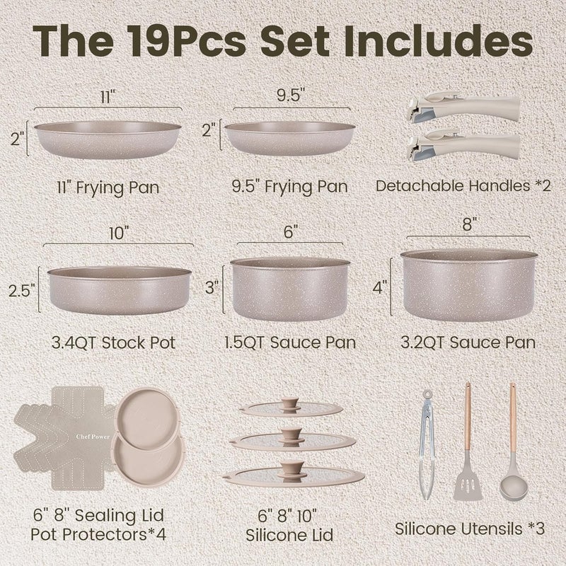 Chef Power Ceramic Nonstick Pots and Pans Set 19 Piece with Detachable Handle, Induction Dishwasher Oven Safe Cookware Set, RV Kicthen Set Removable Handle, Mocca Taupe - Image 2