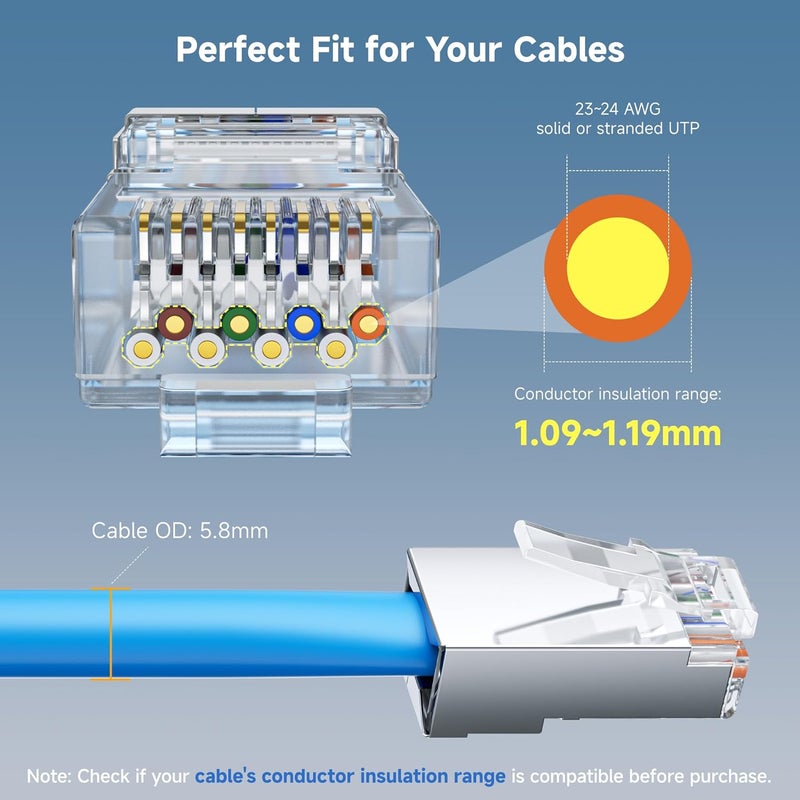 Cable Matters 100-Pack Cat 6A Shielded Pass Through RJ45 Connectors (Cat 6A Ends / Cat6A Connector / RJ45 Modular Plugs/Ethernet Plugs/Network Connector) for Solid or Stranded S/FTP Ethernet Cable - Image 2