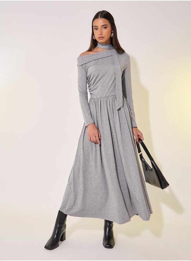 Take Two Solid One Shoulder Neck Tie-Up Detail Midi Dress  - Image 2