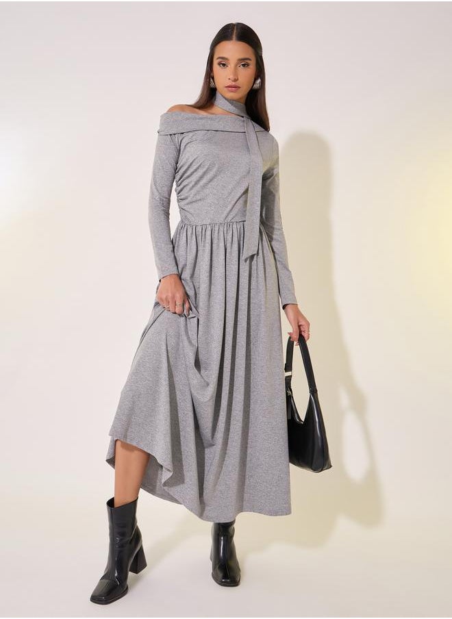 Take Two Solid One Shoulder Neck Tie-Up Detail Midi Dress  - Image 1