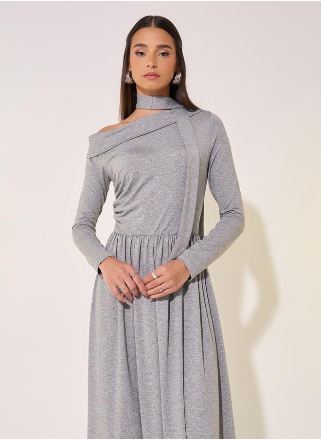Take Two Solid One Shoulder Neck Tie-Up Detail Midi Dress  - Image 3