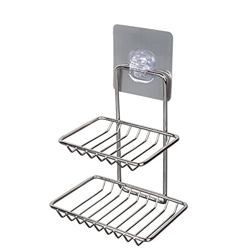 EAYIRA Wall Mount Self-Adhesive Stainless Steel Waterproof Kitchen Bathroom Double-Layer Soap Dish Holder, Silver - Image 1