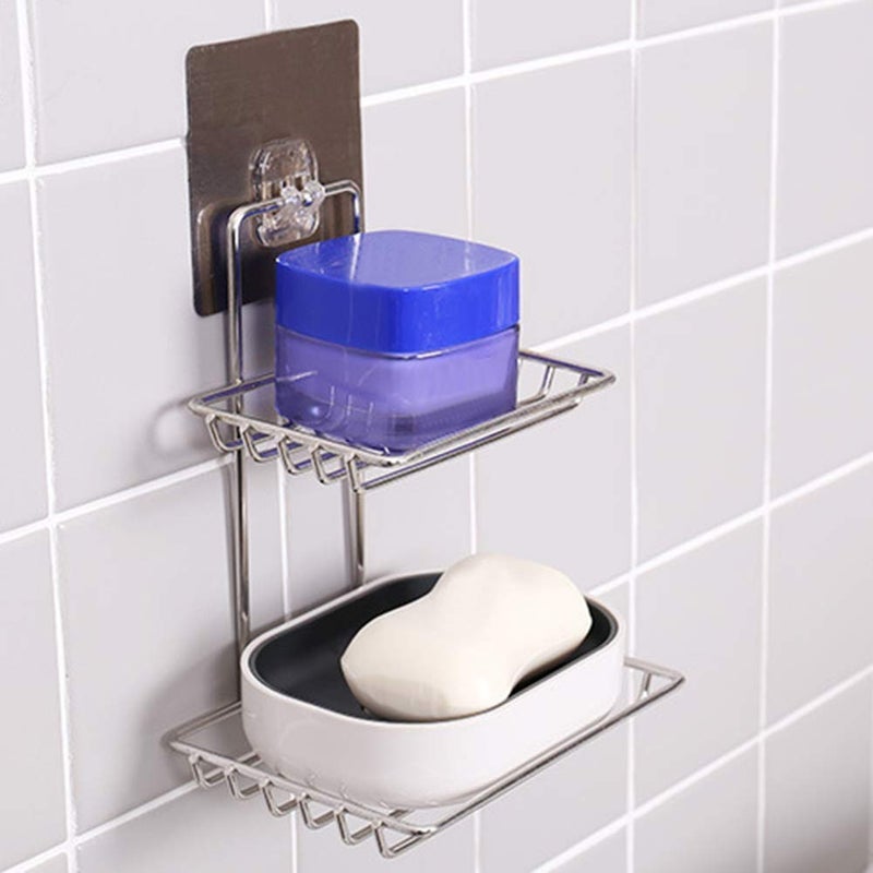 EAYIRA Wall Mount Self-Adhesive Stainless Steel Waterproof Kitchen Bathroom Double-Layer Soap Dish Holder, Silver - Image 2