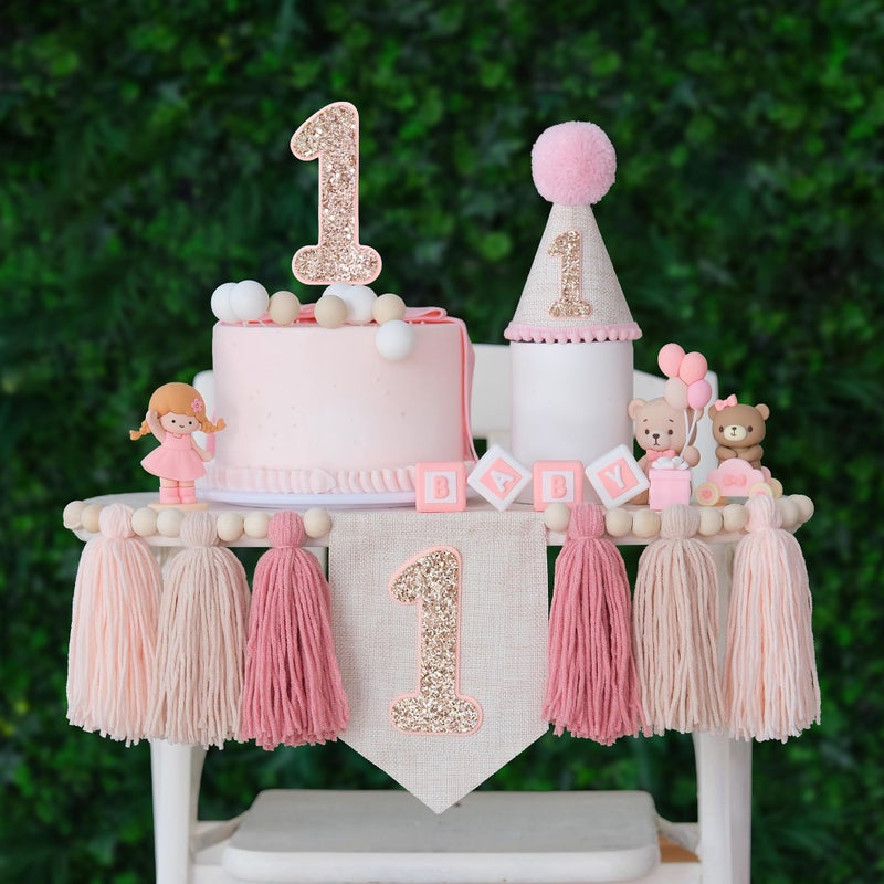 HODIHIWI Pink Baby Girl 1st Highchair Banner Wood Bead Tassel Garland Conical Cap Bling Cake Topper Birthday Party Decorations - Image 2