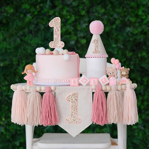 HODIHIWI Pink Baby Girl 1st Highchair Banner Wood Bead Tassel Garland Conical Cap Bling Cake Topper Birthday Party Decorations - Image 1