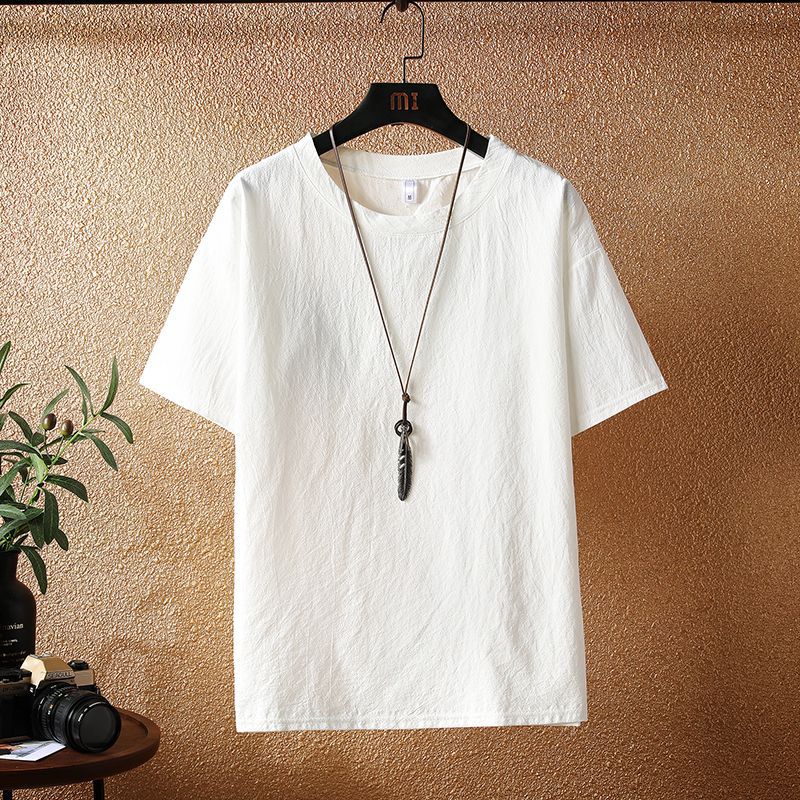 Linen Short-Sleeved Men'S Summer Thin Casual Cotton And Linen T-Shirt Loose Half-Sleeved Fashionable Plus Size Pure White Base Shirt - Image 3