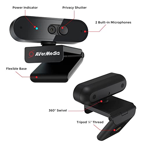 AVerMedia PW310P Webcam, Webcam Cover, 1080p/30fps Videochat and Recording, Plug and Play, Microphones, Stream, Autofocus, Works with Skype, Zoom, Team - Black - Image 3