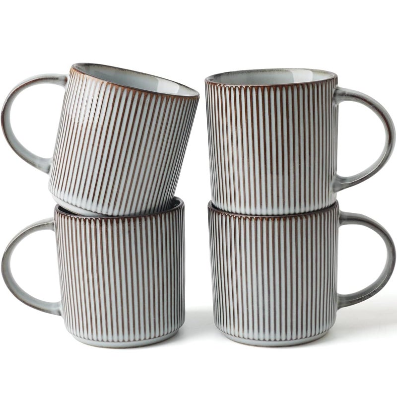 مجموعة أكواب القهوة من فامي وير لـ 4 نجوم سعة 12 أونصة مجموعة أكواب تقديم مع مقبض للقهوة والشاي والكاكاو والحليب مجموعة أدوات الشرب من الخزف الحجرى باللون الأزرق المدخن