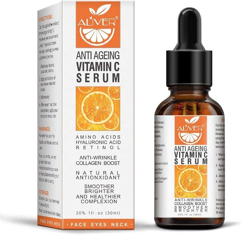 ALIVER Premium 20% Vitamin C Serum for Face with Hyaluronic Acid, Natural Anti Aging & Wrinkle Facial Serum for Man and Woman, Boost Skin Collagen,Hydrate & Plump Skin, Even Skin Tone, for Day & Night - Image 1