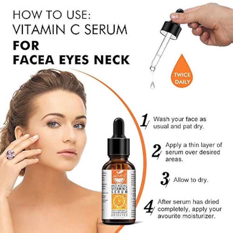 ALIVER Premium 20% Vitamin C Serum for Face with Hyaluronic Acid, Natural Anti Aging & Wrinkle Facial Serum for Man and Woman, Boost Skin Collagen,Hydrate & Plump Skin, Even Skin Tone, for Day & Night - Image 2