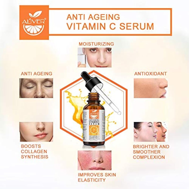 ALIVER Premium 20% Vitamin C Serum for Face with Hyaluronic Acid, Natural Anti Aging & Wrinkle Facial Serum for Man and Woman, Boost Skin Collagen,Hydrate & Plump Skin, Even Skin Tone, for Day & Night - Image 5
