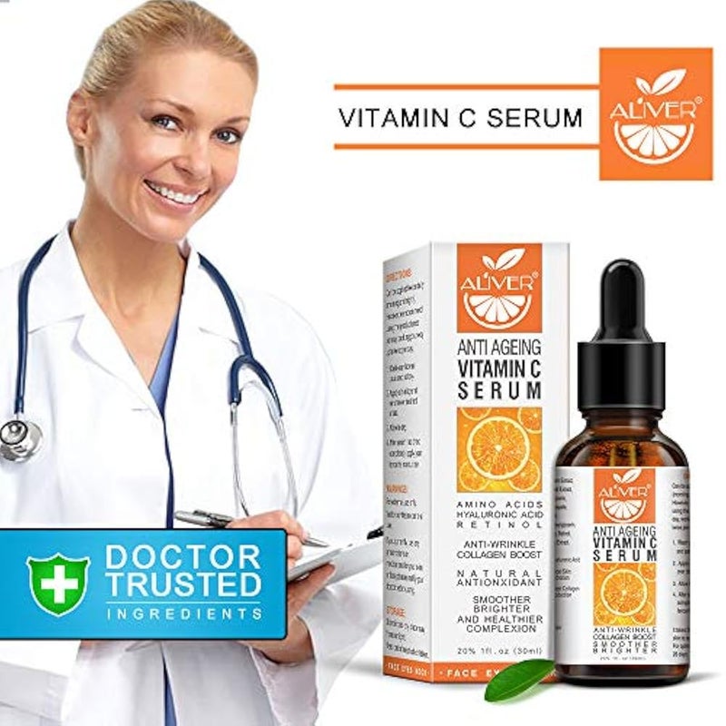 ALIVER Premium 20% Vitamin C Serum for Face with Hyaluronic Acid, Natural Anti Aging & Wrinkle Facial Serum for Man and Woman, Boost Skin Collagen,Hydrate & Plump Skin, Even Skin Tone, for Day & Night - Image 3