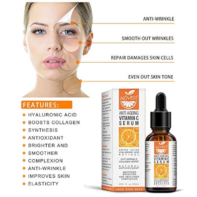 ALIVER Premium 20% Vitamin C Serum for Face with Hyaluronic Acid, Natural Anti Aging & Wrinkle Facial Serum for Man and Woman, Boost Skin Collagen,Hydrate & Plump Skin, Even Skin Tone, for Day & Night - Image 4
