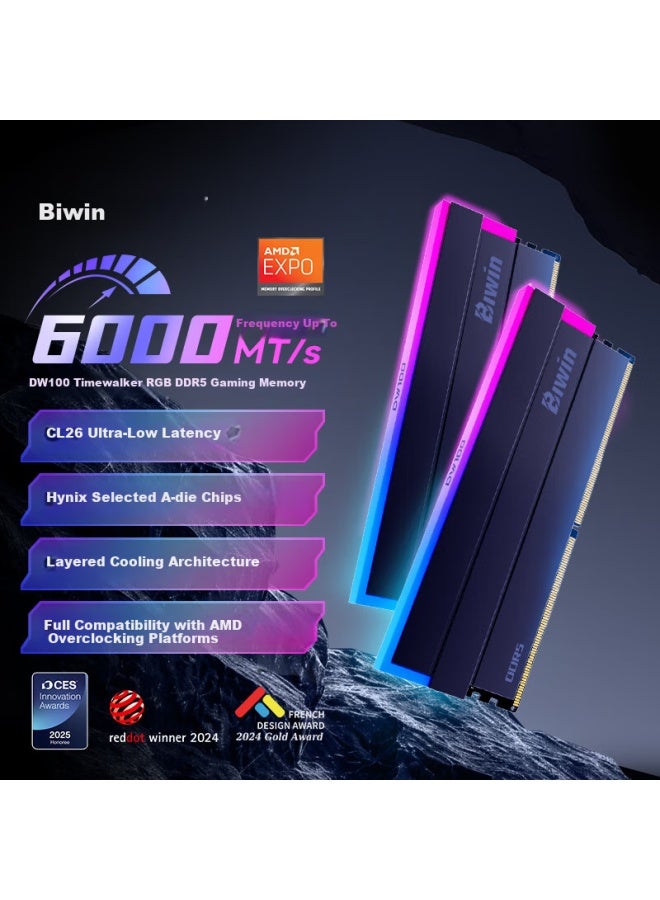 Biwin 32gb Kit, Ddr5 6000mhz Desktop Memory Module, Shikong Xingzhe Dw100 Rgb Light Bar , Black Ai Pc Computer Storage Accessory - Image 1