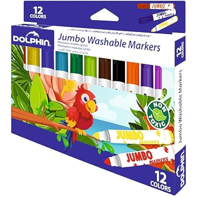 Dolphin ® JUMBO WASHABLE MARKERS – 7.5MM ROUND TIP, 12 VIBRANT COLORS, NON-TOXIC, PACK OF 12, MADE IN CZECH REPUBLIC, IDEAL FOR KIDS' COLORING - Image 2