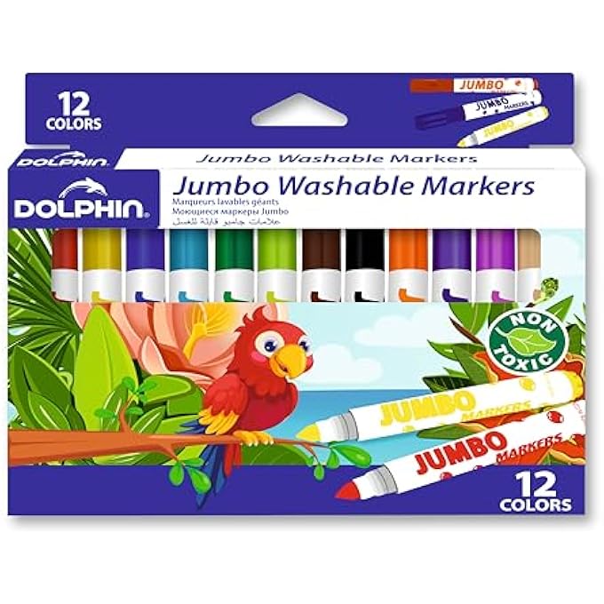 Dolphin ® JUMBO WASHABLE MARKERS – 7.5MM ROUND TIP, 12 VIBRANT COLORS, NON-TOXIC, PACK OF 12, MADE IN CZECH REPUBLIC, IDEAL FOR KIDS' COLORING - Image 1