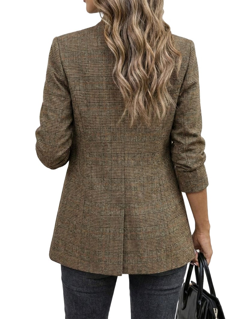 Mina Self Plaid Blazer Jackets for Women 2025 Fall Women's Khaki Houndstooth Brown Long Ladies Fitted Business Casual Womens Blazers for Work Professional Fashion Jacket - Image 3