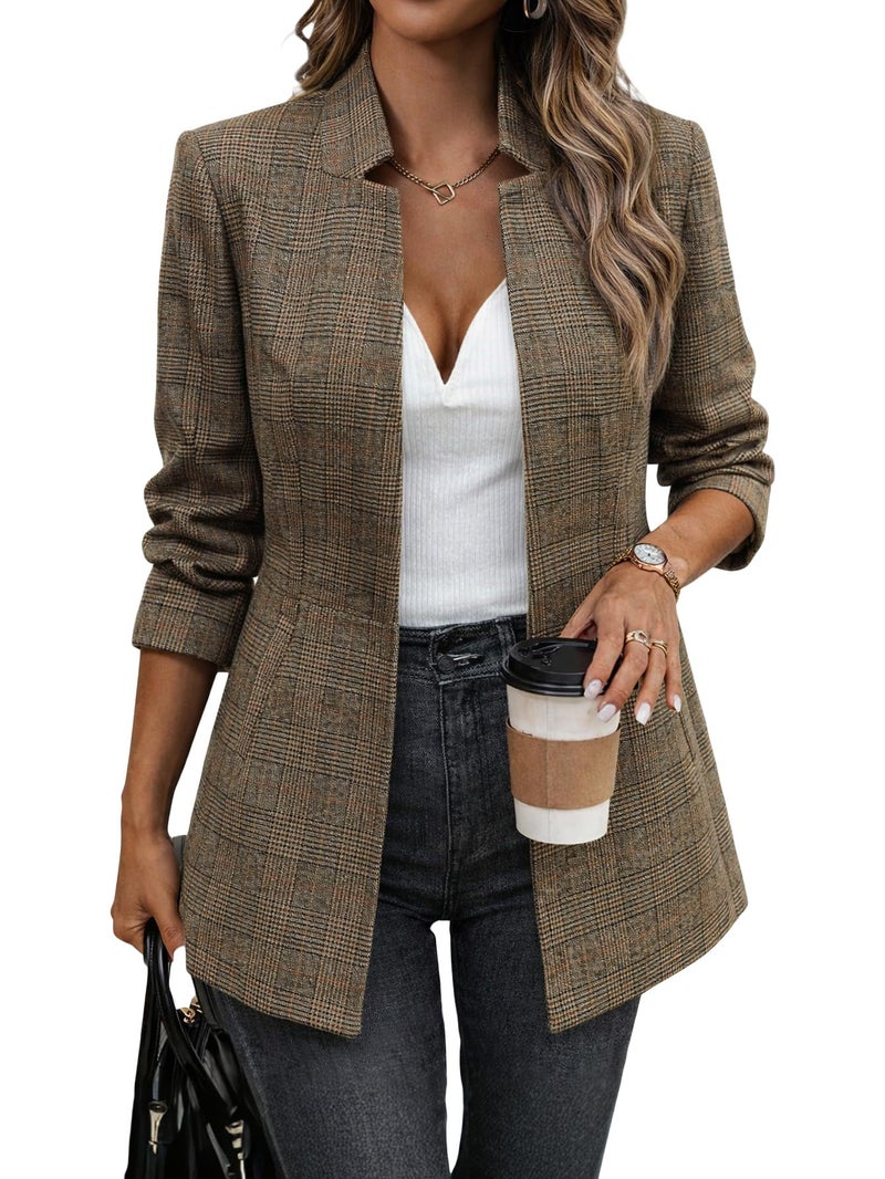 Mina Self Plaid Blazer Jackets for Women 2025 Fall Women's Khaki Houndstooth Brown Long Ladies Fitted Business Casual Womens Blazers for Work Professional Fashion Jacket - Image 1