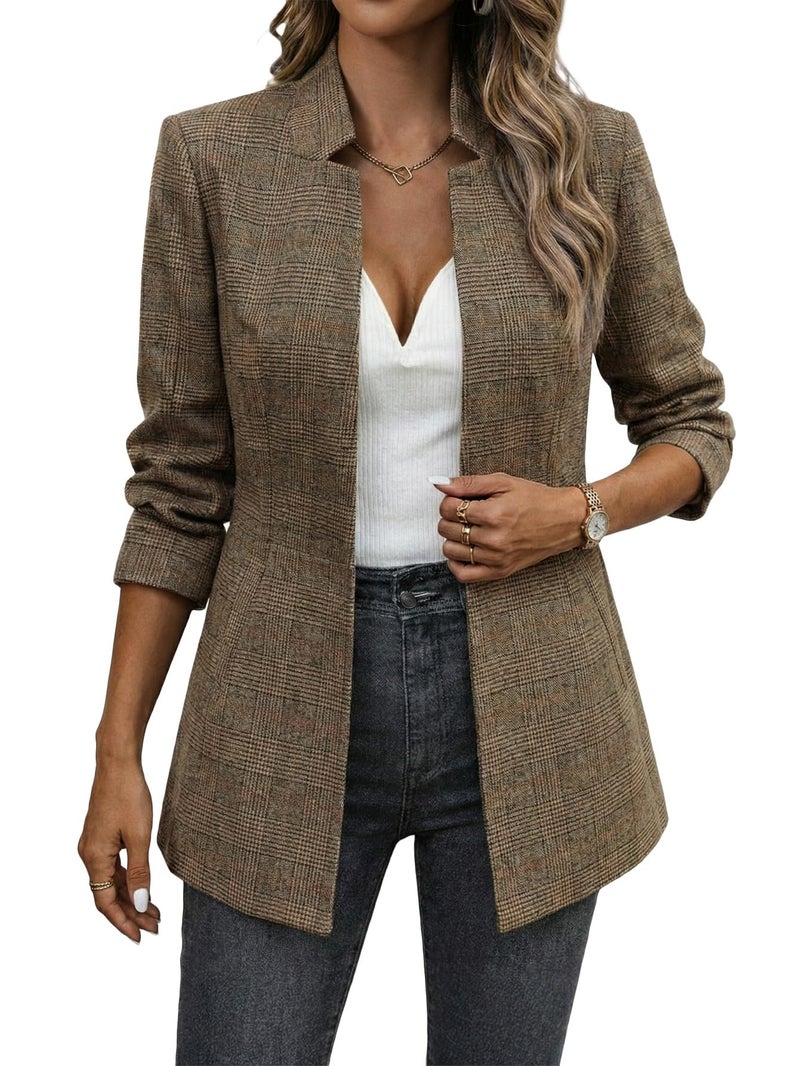 Mina Self Plaid Blazer Jackets for Women 2025 Fall Women's Khaki Houndstooth Brown Long Ladies Fitted Business Casual Womens Blazers for Work Professional Fashion Jacket - Image 4