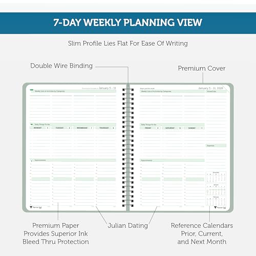 Planner Pad Spiral Bound January-December 2026/ Calendar Year 6 3/4" x 8 1/2" Medium 3-Tier Funnel Down 12 Month Organizer, Greenish Grey Cover/Soft Green Ink - Image 3