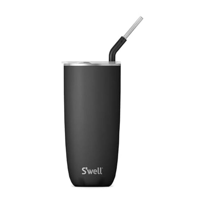 S'well Stainless Steel Tumbler with Straw and Slide-Open Lid, 24oz, Onyx, Triple Layered Vacuum Insulated Containers Keeps Drinks Cold for 18 Hours and Hot for 5, BPA Free