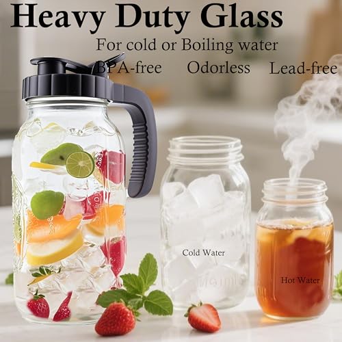 GMEPOCH 2 Quart Glass Mason Jar Pitcher With Lid 2 Set 64 Oz Wide Mouth Cold Hot Water Pitcher Half Gallon Sun Tea Coffee Jug Carafe For Fridge Lemonade, Beverage,Milk,Juice, Cold Brew Iced Tea Container - Image 5