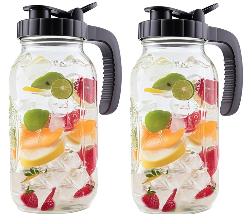 GMEPOCH 2 Quart Glass Mason Jar Pitcher With Lid 2 Set 64 Oz Wide Mouth Cold Hot Water Pitcher Half Gallon Sun Tea Coffee Jug Carafe For Fridge Lemonade, Beverage,Milk,Juice, Cold Brew Iced Tea Container - Image 1
