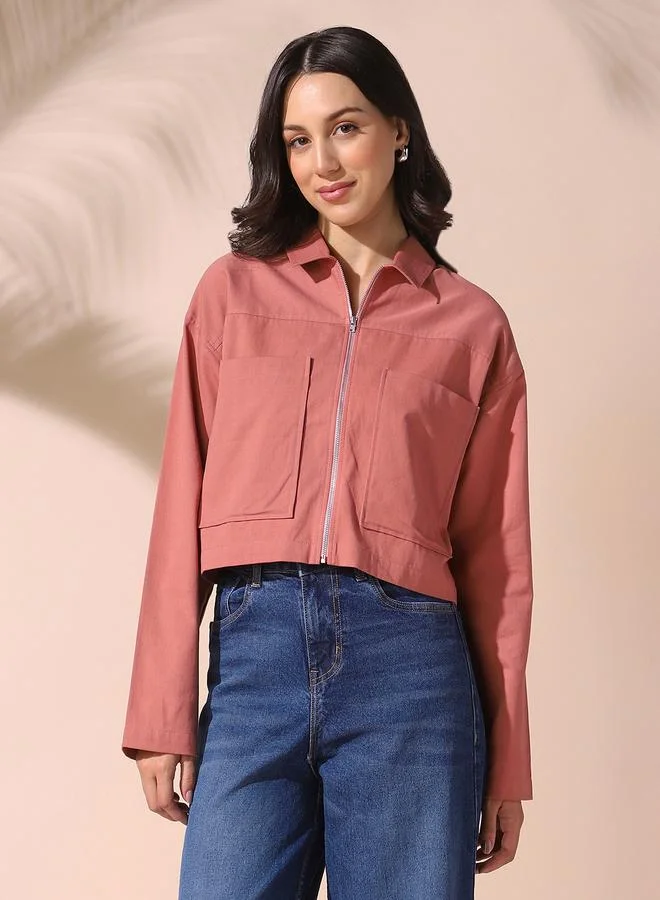 Dennis Lingo Women'S Dusty Pink Cotton Blend Solid Pattern Button Down Relaxed Shirt