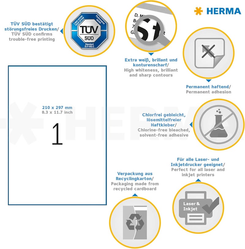 Herma Self Adhesive Multipurpose Labels, 1 Label per A4 Sheet, 10 Sheets, 210 x 297 mm, 10 Labels, Blank Universal Labels Stickers, Sticky Labels for Laser & Inkjet Printer, White - Image 5