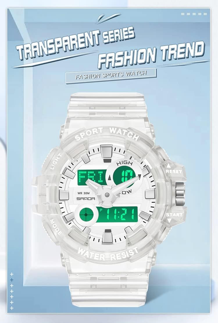 إكسفور ساعة Excefore الرجالية بشاشة رقمية تناظرية LED، ساعة رياضية كوارتز عسكرية متعددة الوظائف للرجال مقاومة للماء مع حزام شفاف، ساعات عسكرية تكتيكية مزدوجة العرض مقاومة للماء للرجال - Image 2