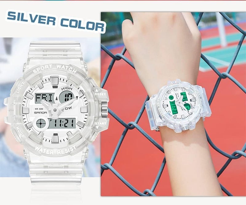 إكسفور ساعة Excefore الرجالية بشاشة رقمية تناظرية LED، ساعة رياضية كوارتز عسكرية متعددة الوظائف للرجال مقاومة للماء مع حزام شفاف، ساعات عسكرية تكتيكية مزدوجة العرض مقاومة للماء للرجال - Image 3