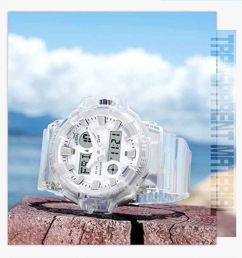 إكسفور ساعة Excefore الرجالية بشاشة رقمية تناظرية LED، ساعة رياضية كوارتز عسكرية متعددة الوظائف للرجال مقاومة للماء مع حزام شفاف، ساعات عسكرية تكتيكية مزدوجة العرض مقاومة للماء للرجال - Image 4