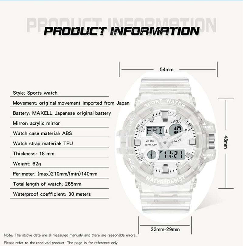 إكسفور ساعة Excefore الرجالية بشاشة رقمية تناظرية LED، ساعة رياضية كوارتز عسكرية متعددة الوظائف للرجال مقاومة للماء مع حزام شفاف، ساعات عسكرية تكتيكية مزدوجة العرض مقاومة للماء للرجال - Image 5