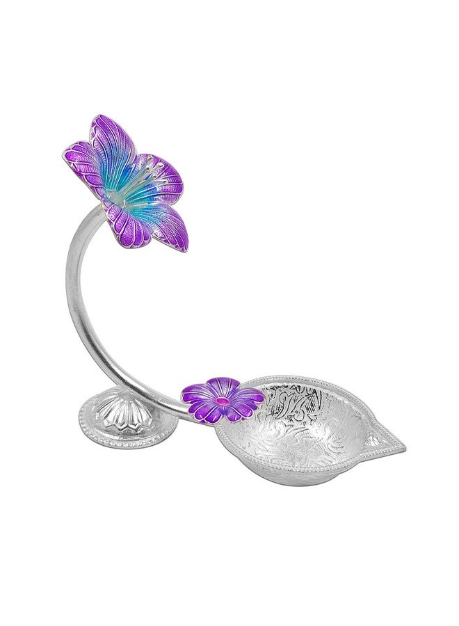 MAA SILVER Pure Silver Diya with Purple Colour Enamel & Hibiscus Flower Shape Design BIS Hallmarked Perfect for Gift and Pooja Use (92.5 Purity)(15 Grams Silver) - Image 1