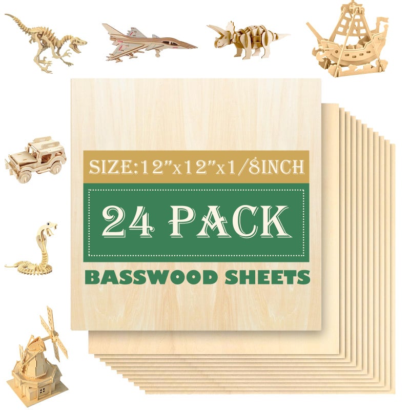 24 Pack 12x12Basswood Sheets 183mm Basswood for Laser Cutting3mm Plywood Unfinished Wood Craft Wood for DIY Ornaments and Models Drawing Painting Engraving Wood Burning and Laser Cutting