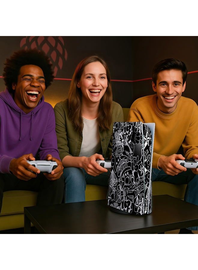 TracyArt Skin for PS5 Sticker Cover - Black White Hippie, Compatible with Both Disc Edition & Digital Edition (not Slim Ver) - 2 Controller Skins & Console Skin - No Bubble, Full Protection, Waterproof - Image 5